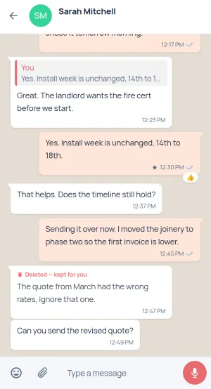 A conversation with receipts paused and a deleted message kept