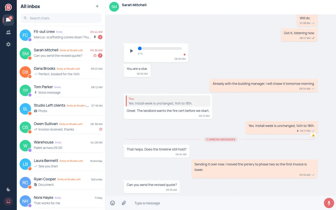 The desktop layout: rail, conversation list and an open conversation side by side