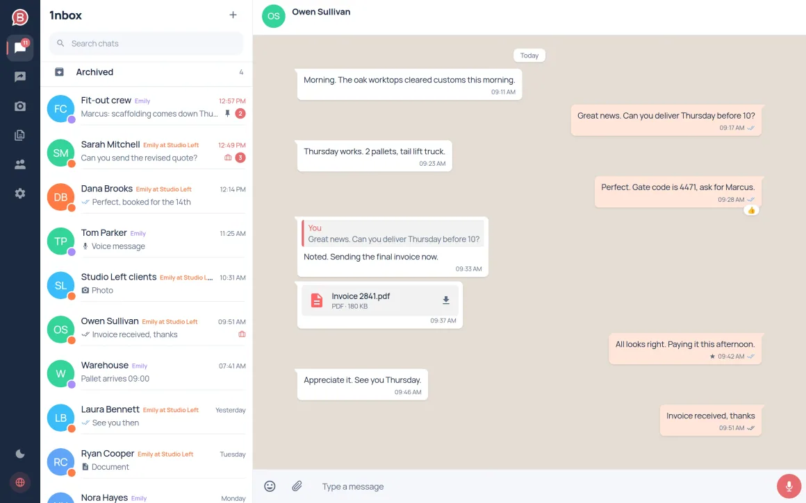 The MobileB desktop app: a navigation rail, the unified inbox with colored account rings, and an open conversation