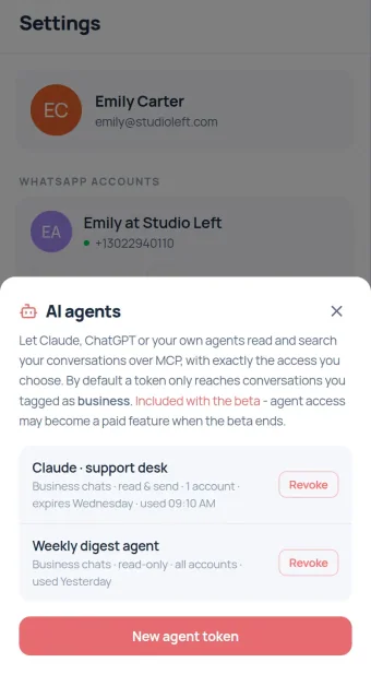 Agents you can revoke. Each one scoped to numbers, categories, read or send, and an expiry.