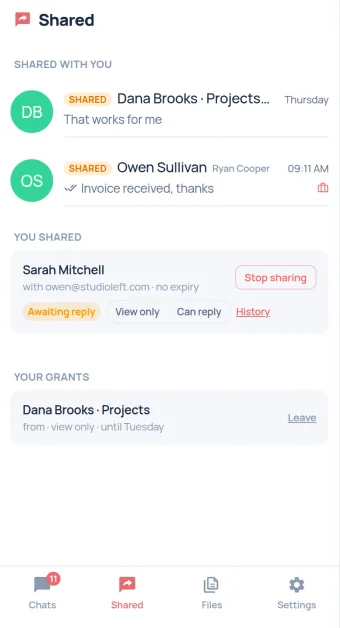 Hand a conversation over. View only or reply on your behalf, with an expiry and an audit trail.
