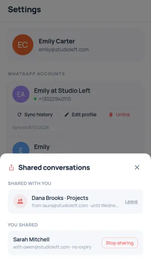 The Shared tab: a pending invitation, shared conversations, and the terms of a grant